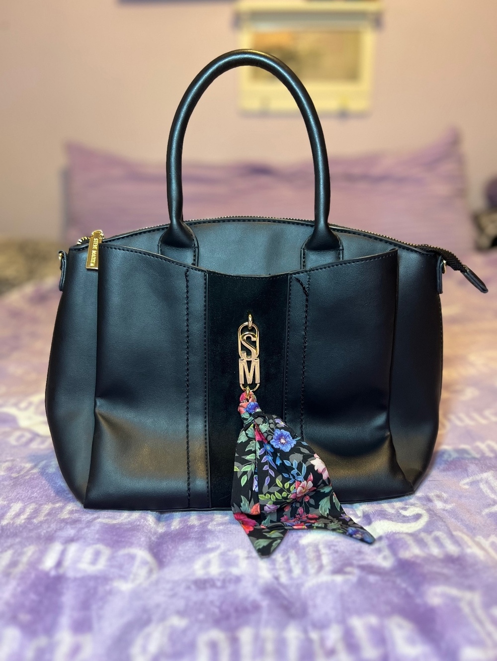 Steve Madden Black Satchel Bag Floral Scarf Charm